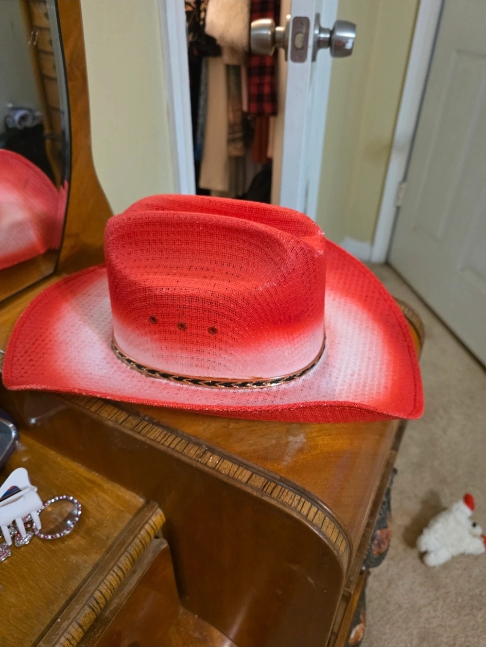 Red Ombre Straw Western Hat with Braided Accent